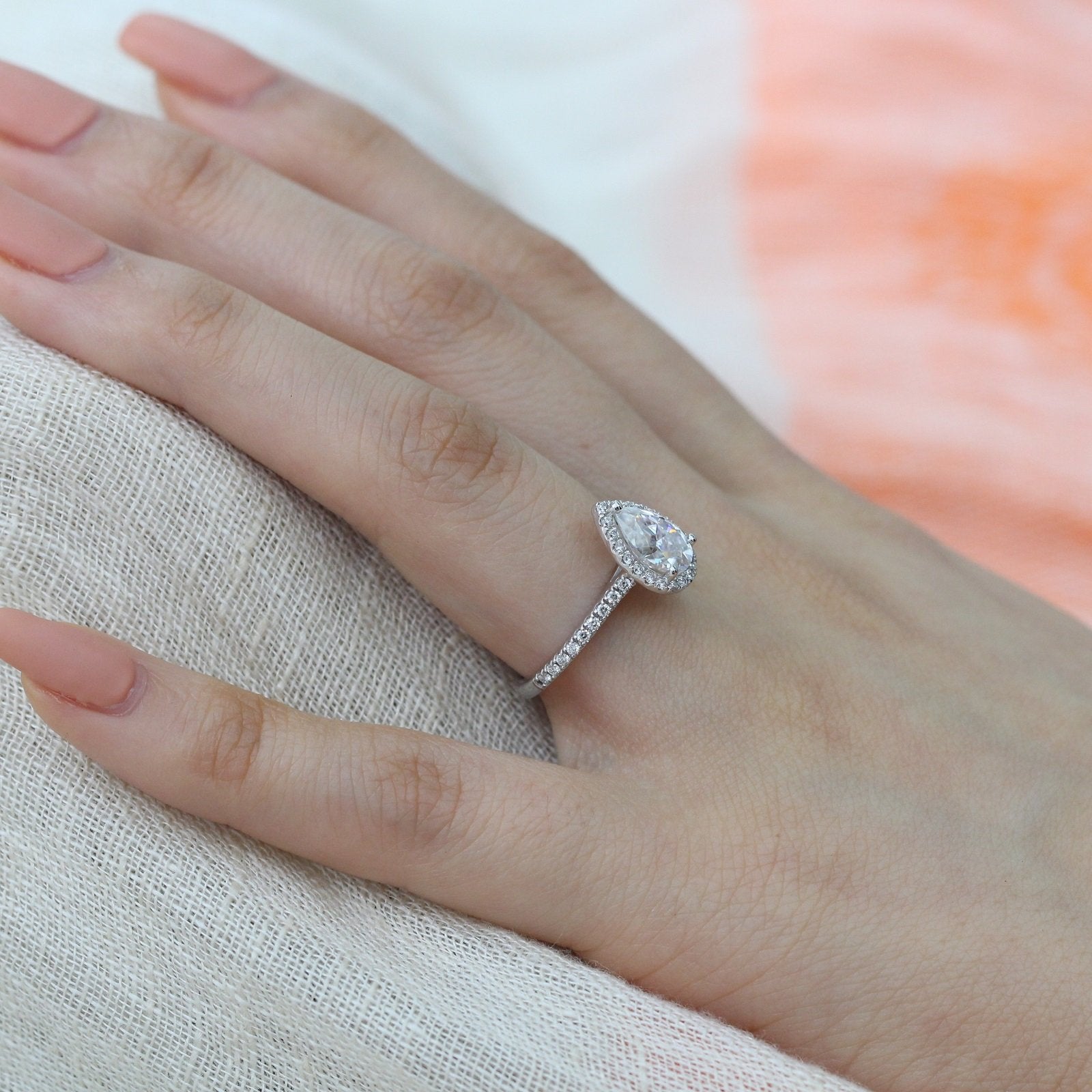 1.50 CT Pear Cut Moissanite Halo Engagement Ring