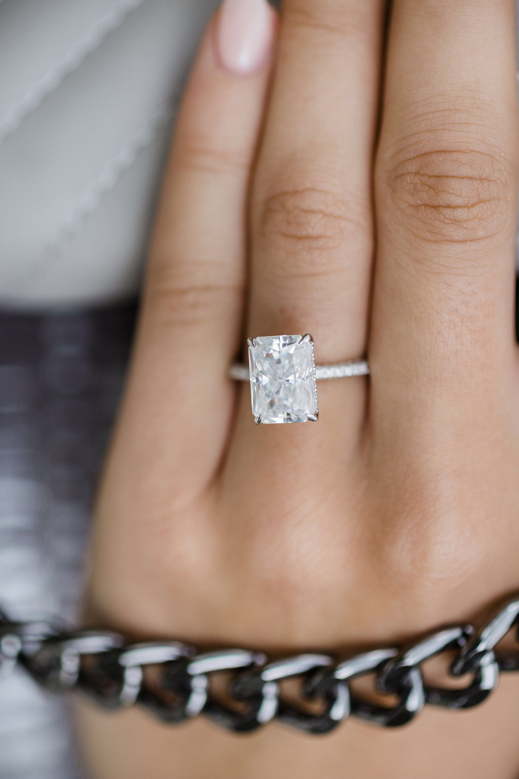 1.60 - 4.60 CT Radiant Cut Moissanite Hidden Halo & Pave Setting Engagement Ring