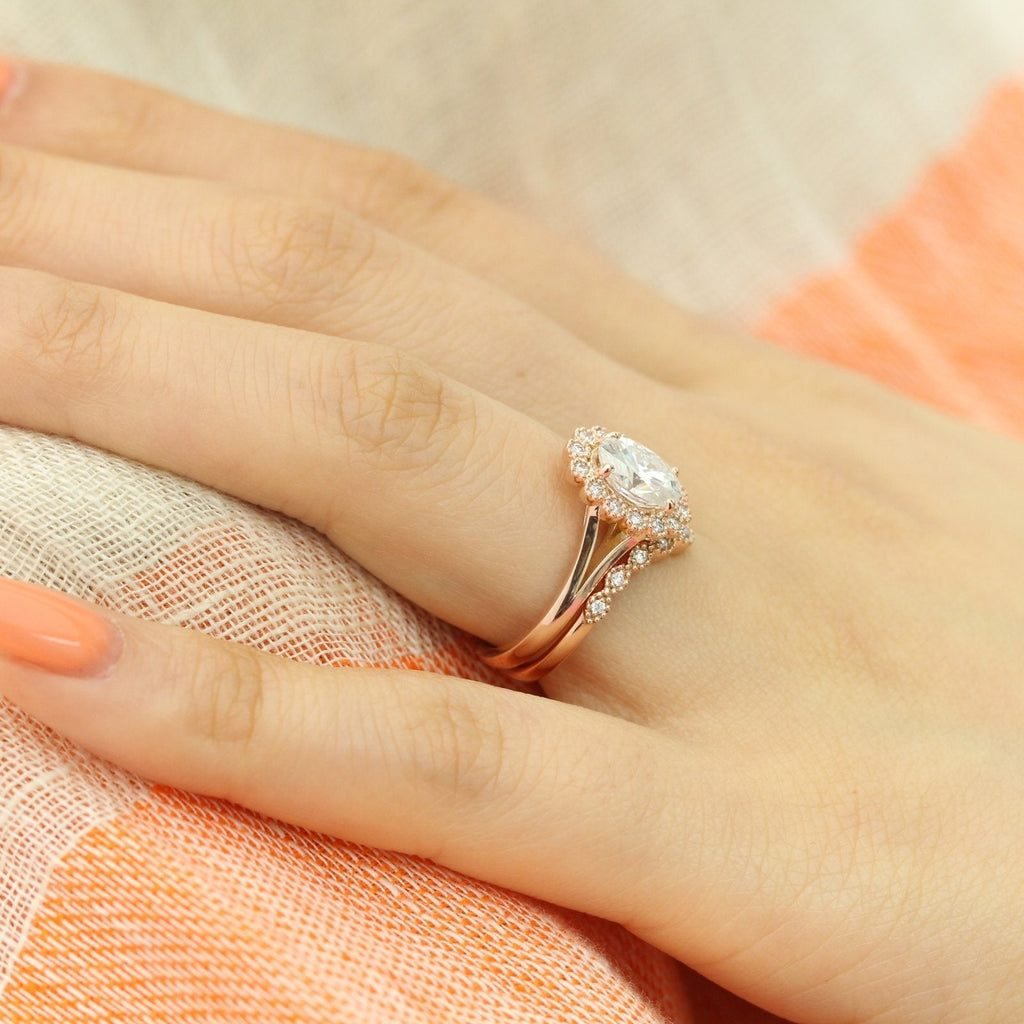 1.50CT Oval Cut Moissanite Halo Bridal Ring Set