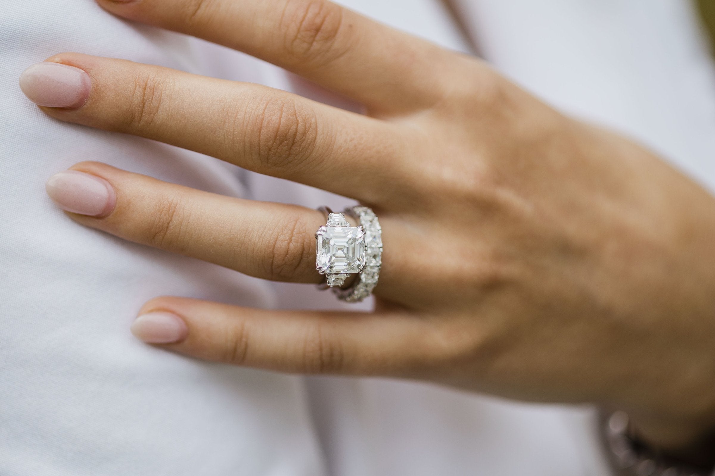 4.10 CT Asscher Cut Moissanite Three Stones Engagement Ring