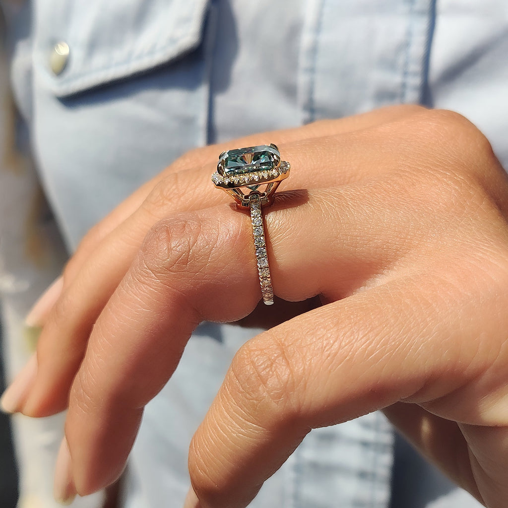 Cyan Blue Cushion Ring With Halo Setting