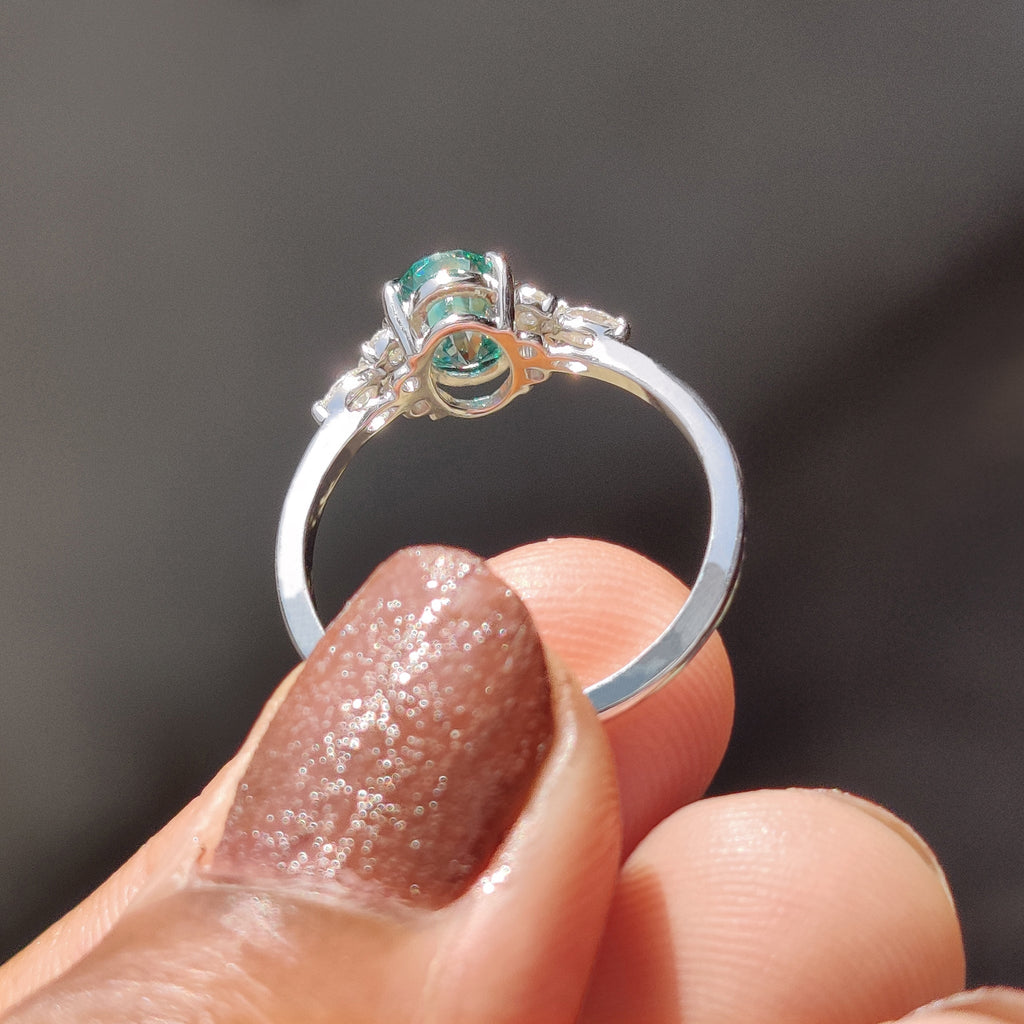 7 Stone Moissanite Ring With Oval Cyan Blue Moissanite