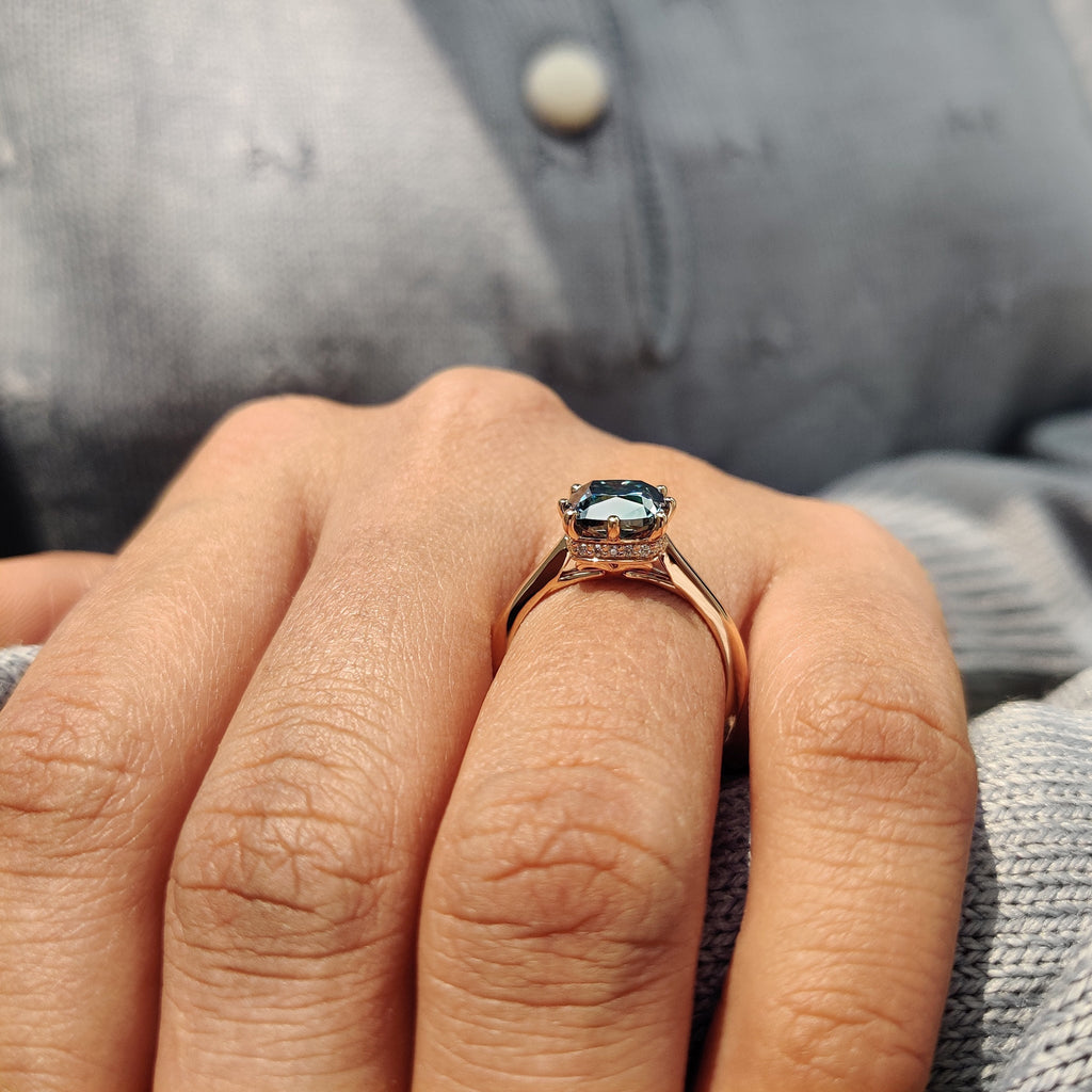 Cushion Cut Engagement Ring with hidden halo setting