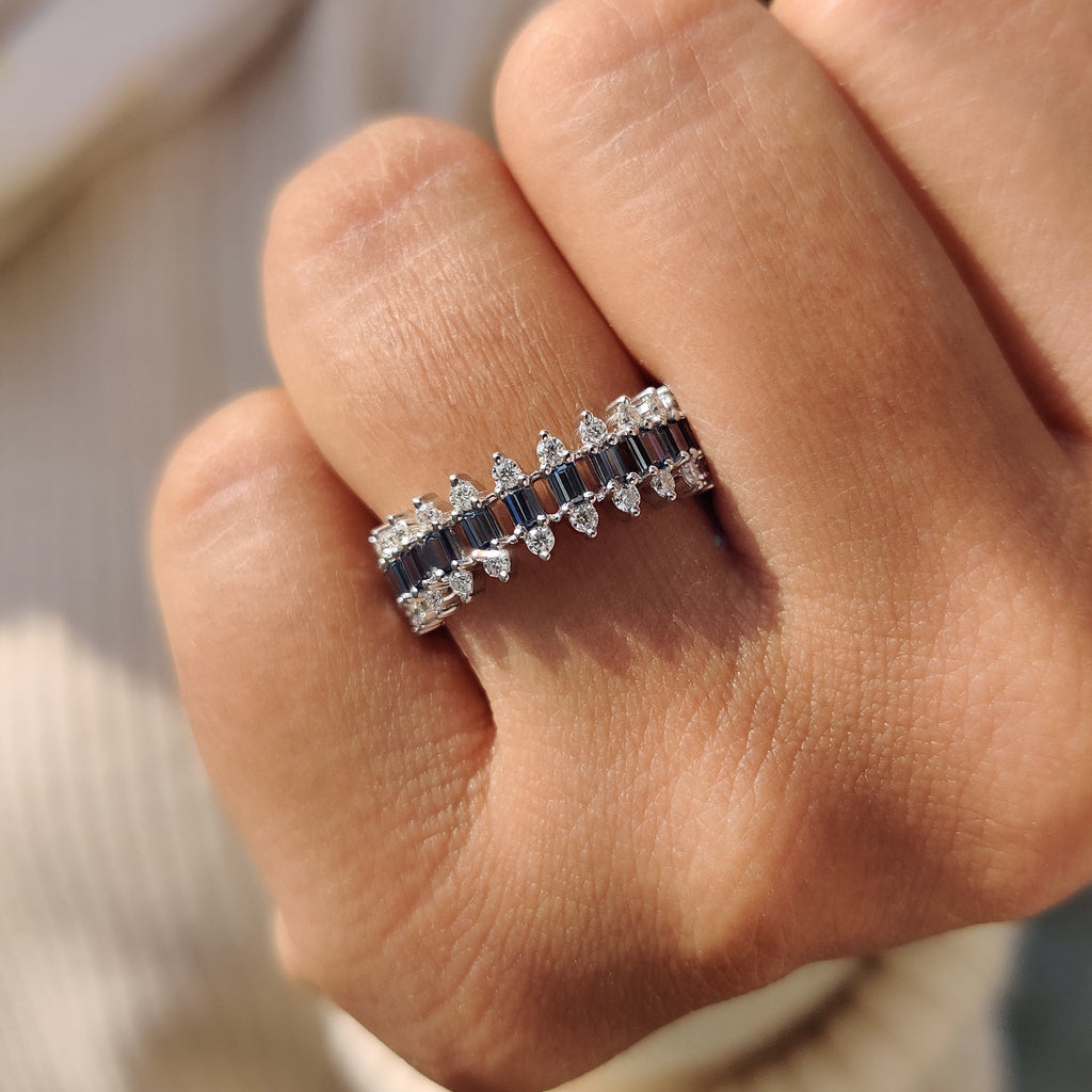 Baguette Cut Wedding Band With Three Row Pave style