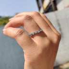 Curved Wedding Band With Round Cut Cyan Blue Stone