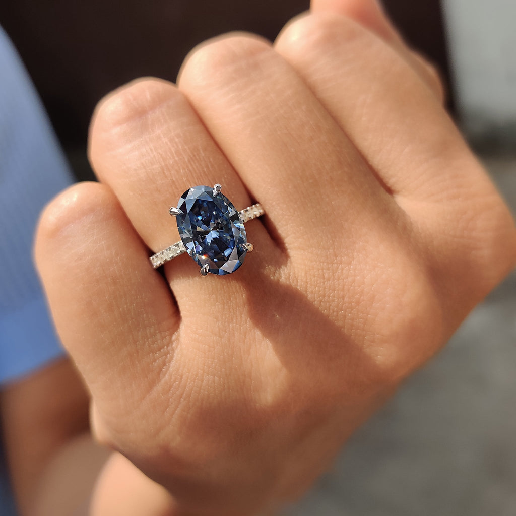 Royal Dark Blue Oval Hidden Halo Engagement Ring