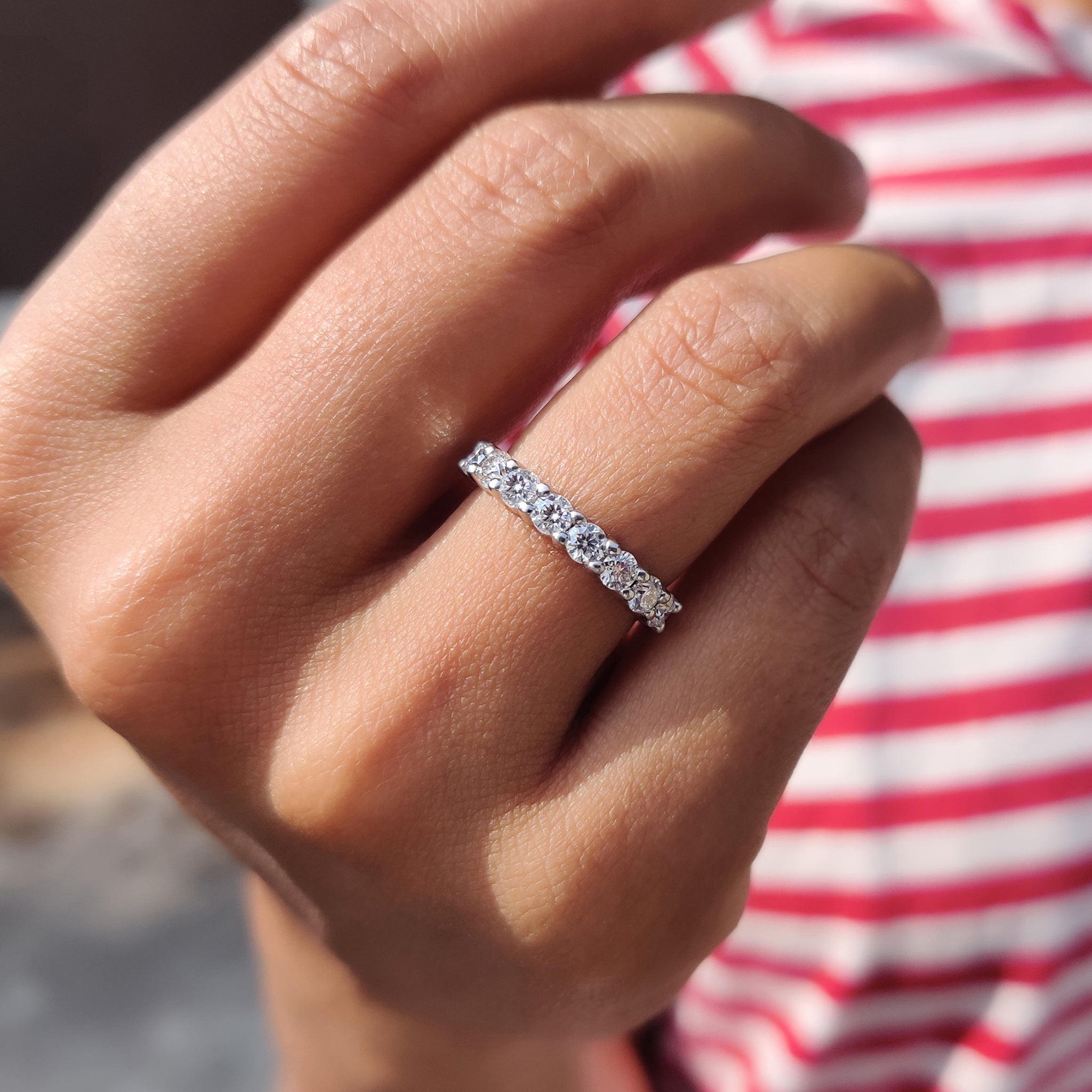 Round Cut White Gold Band With Shared Prong