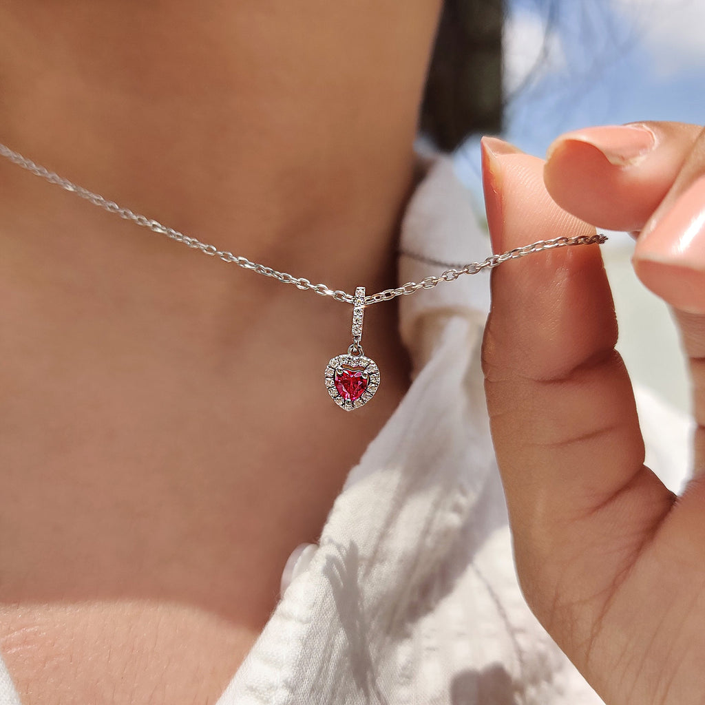 Ruby Heart Pendant With Halo Style In White Gold