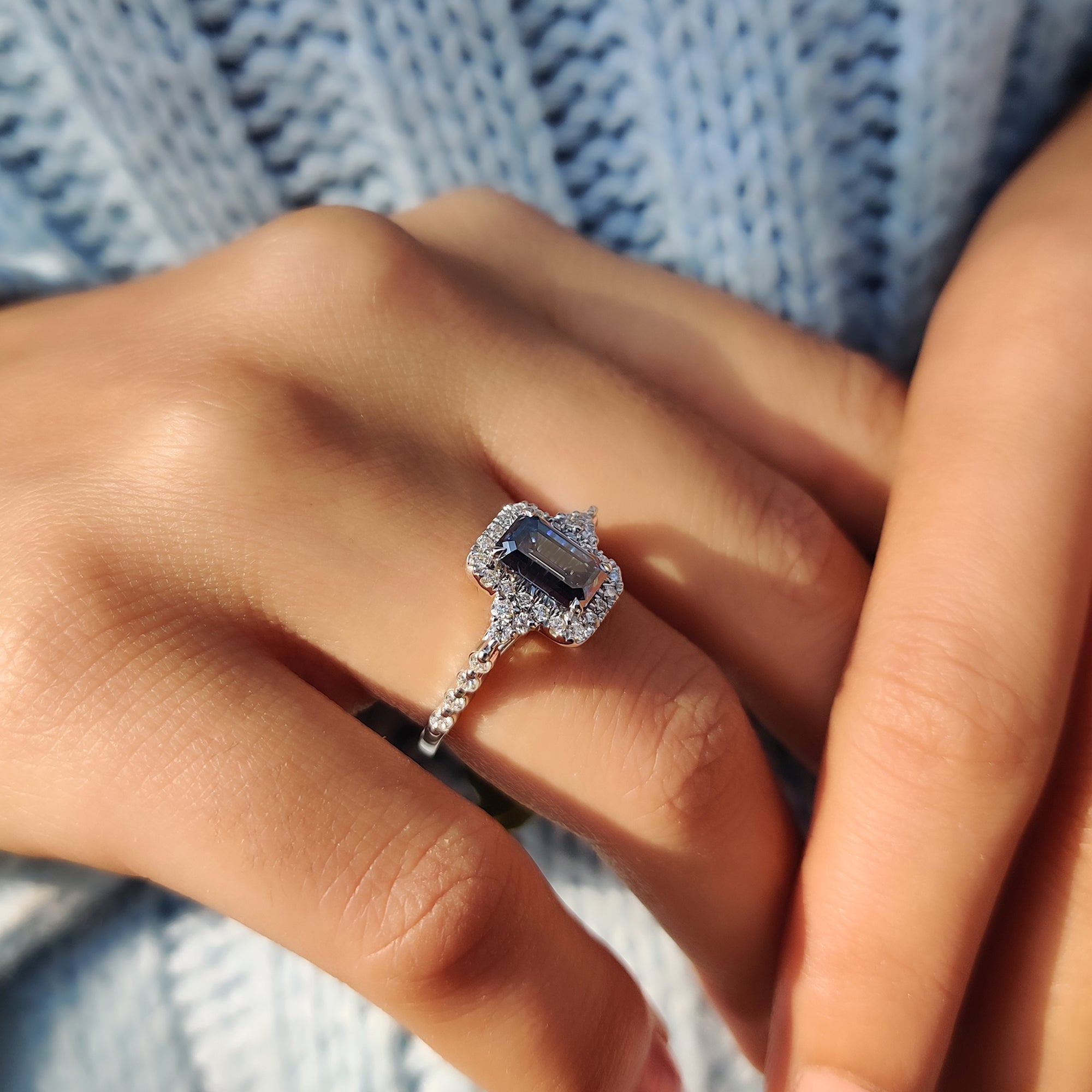 Blue Emerald Cut Engagement Ring In Muse Style