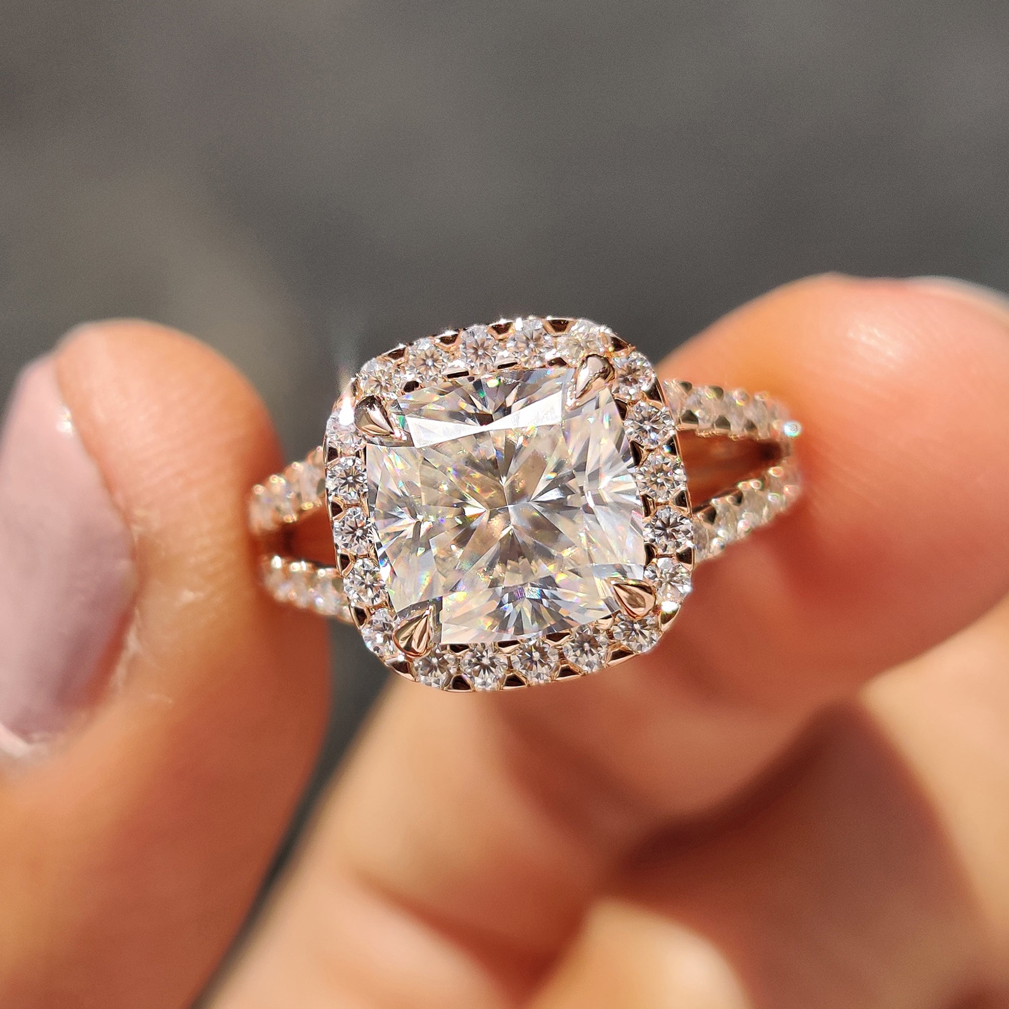 Cushion Cut Moissanite ring With Split Pave Setting Main image