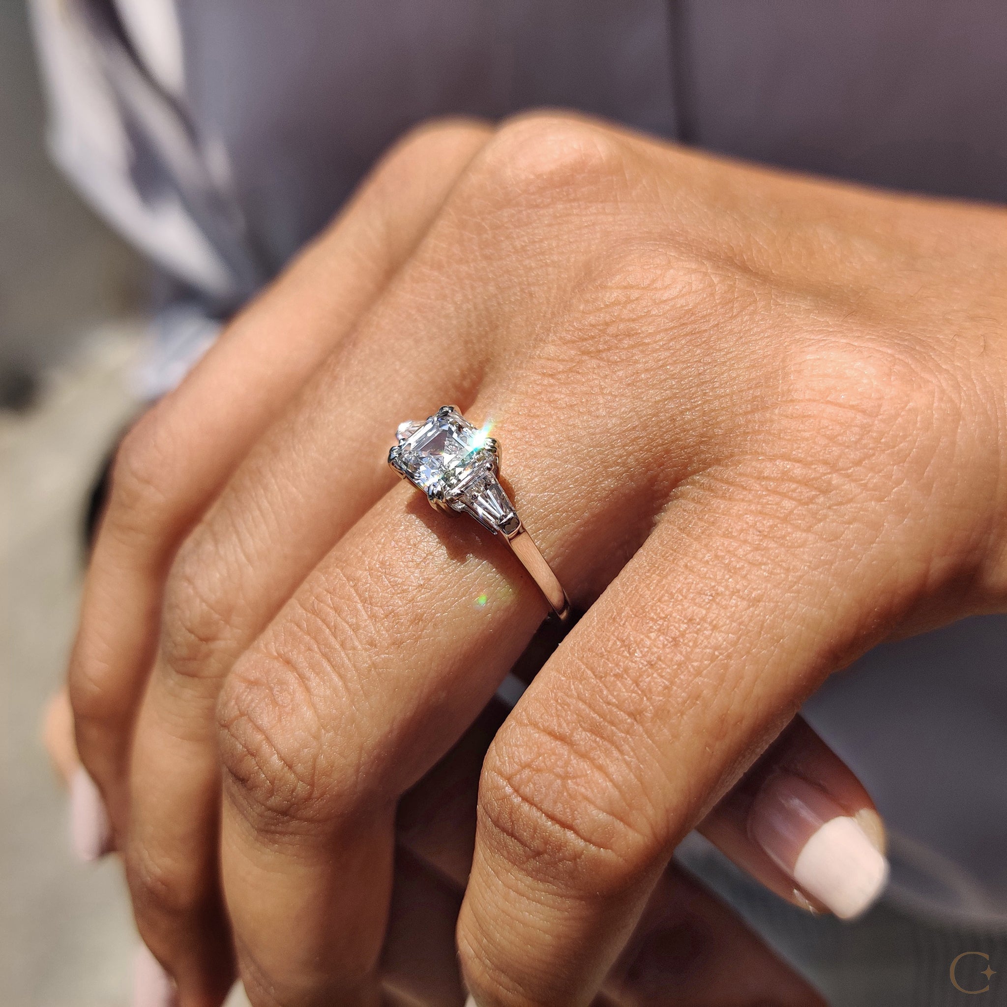 3 Stone Diamond Engagement Ring With Asscher and Baguette