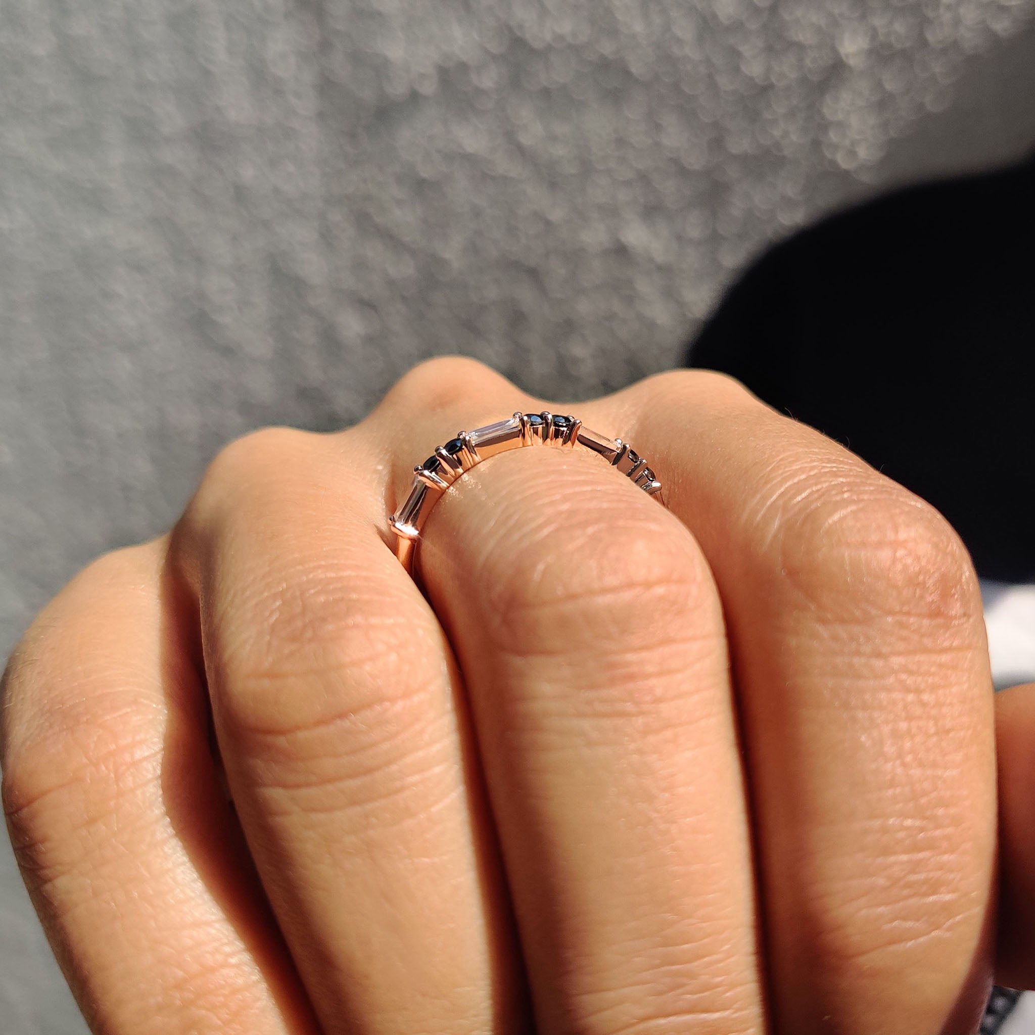 Baguette And Round Wedding Band With Black Moissanite