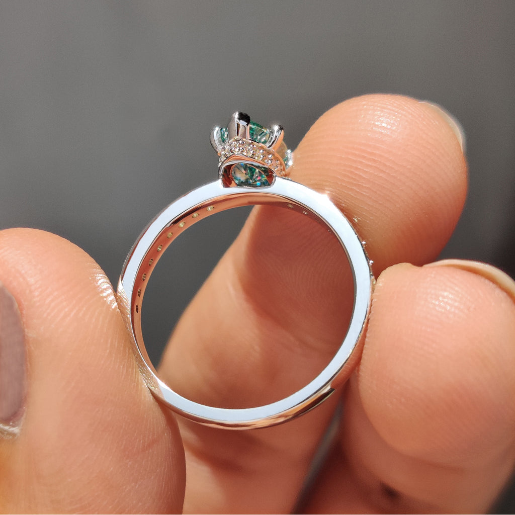 Cyan Blue Marquise Moissanite Ring With Pave Band