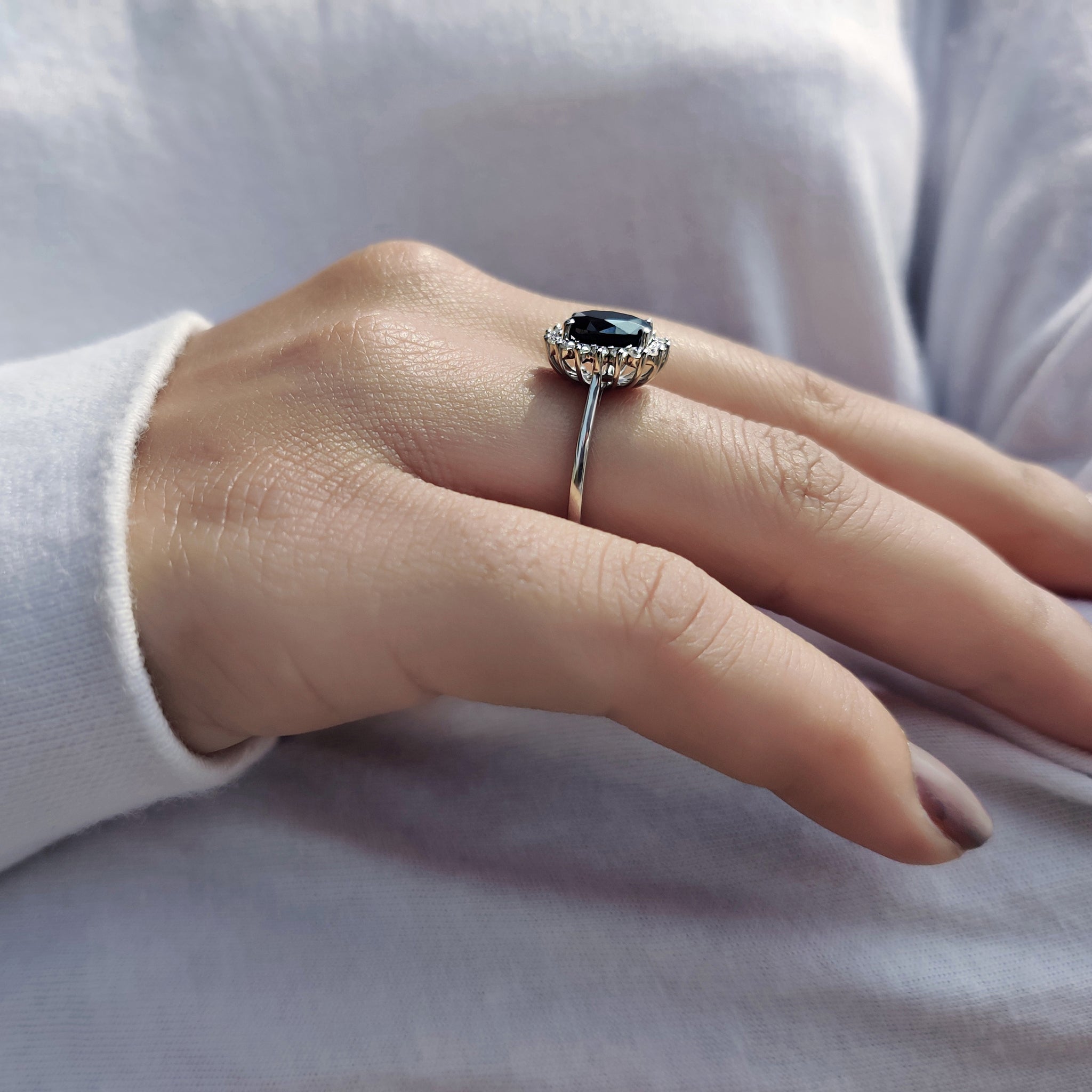 Tapered Shank Black Oval Engagement Ring