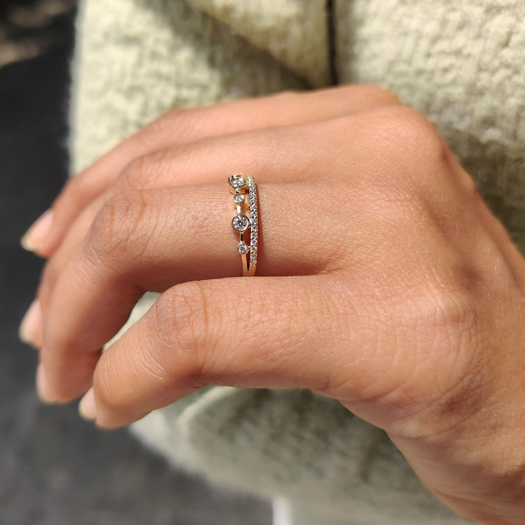 Double Row Wedding Band With Round Cut Bezel Set