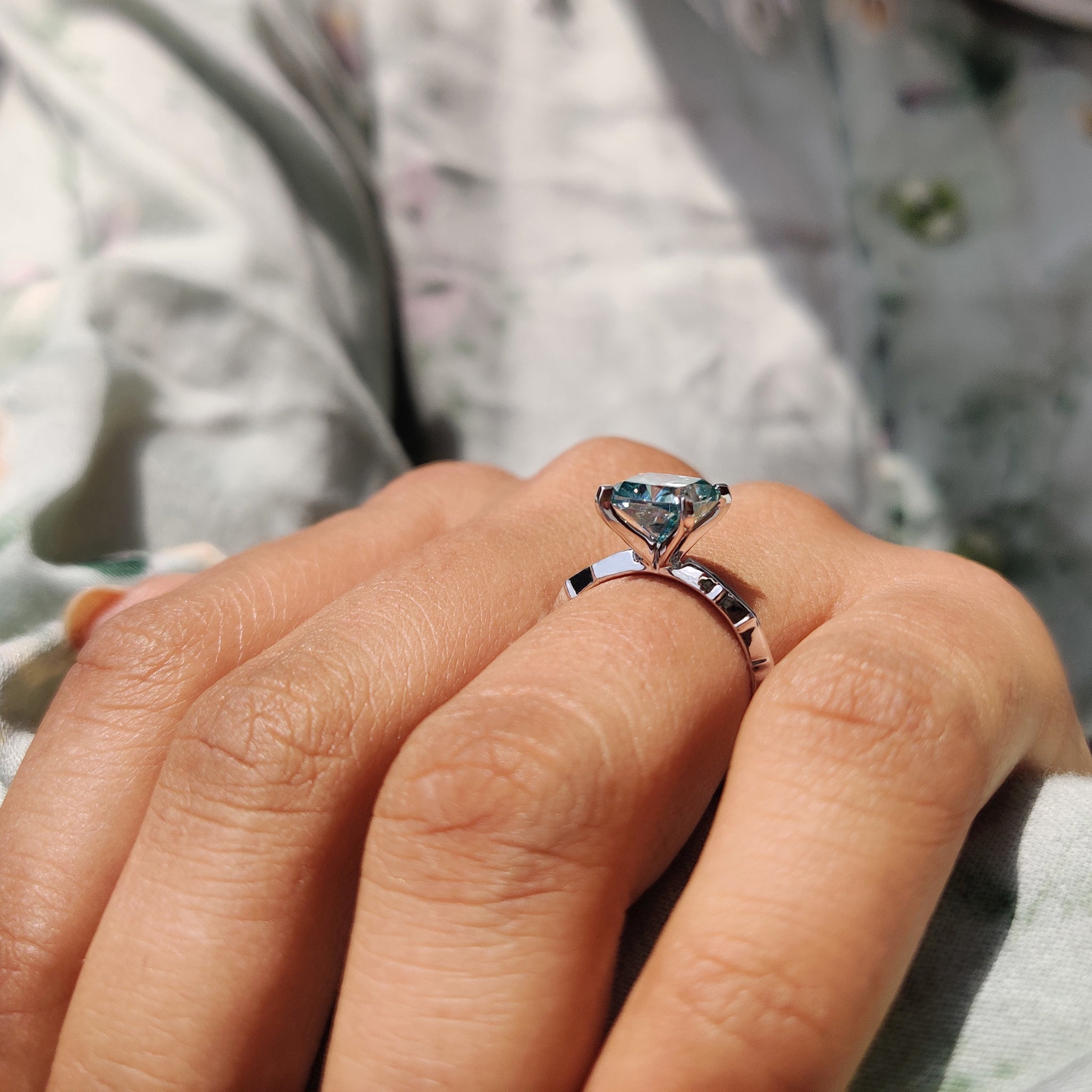 Cyan Blue Cushion Cut Gold Solitaire Engagement Ring
