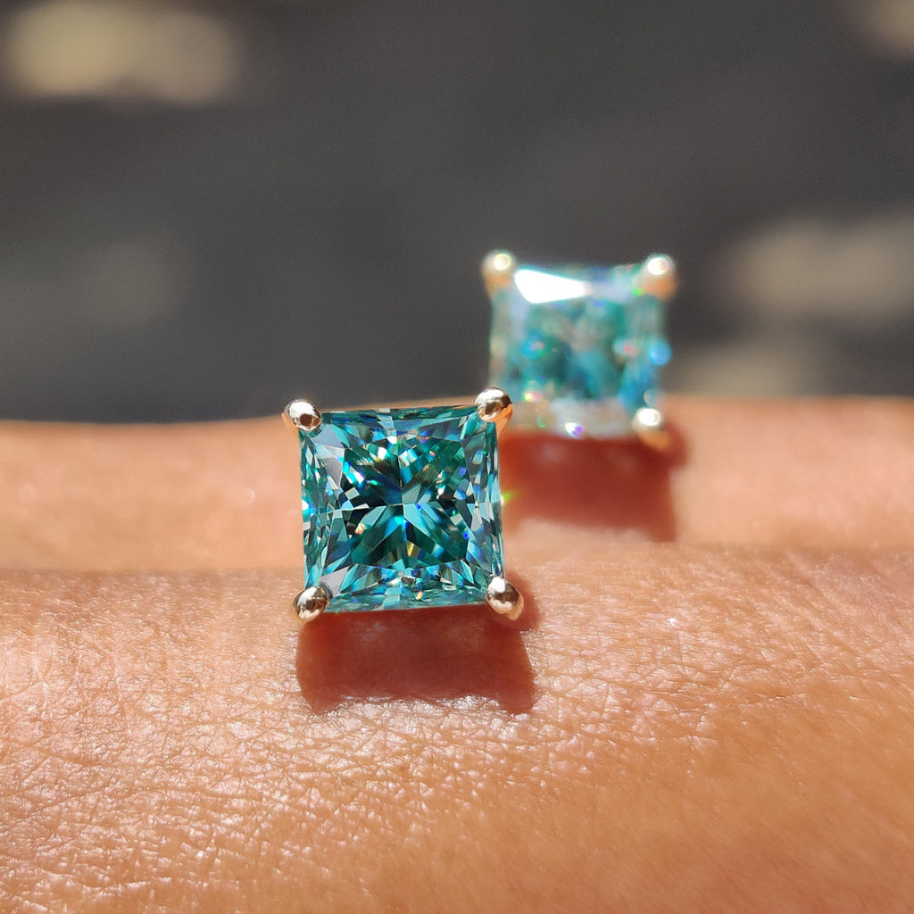 Cyan Blue Princess Cut Moissanite Earrings