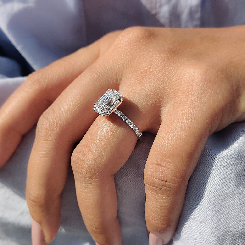 Emerald cut halo ring In Round Cut Pave Band