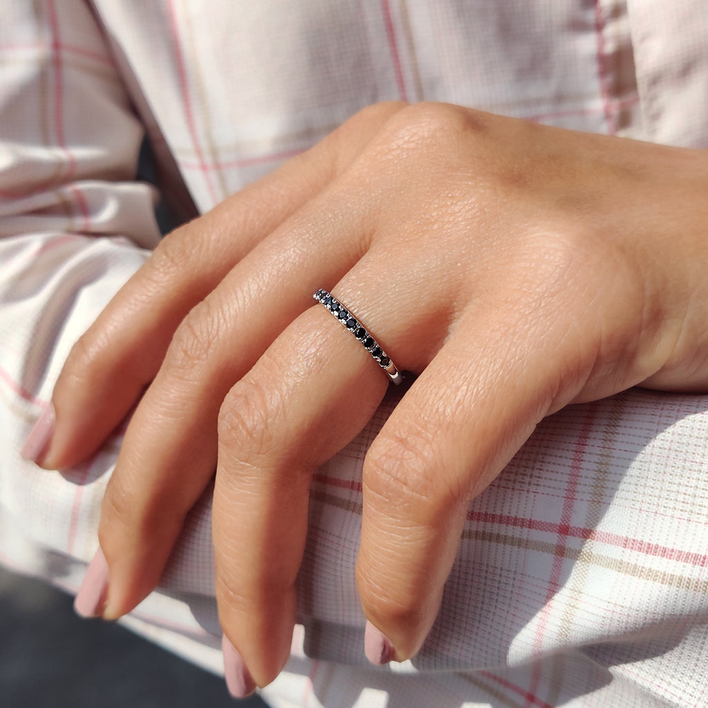 Round Cut Half Eternity Black Stone Wedding Band