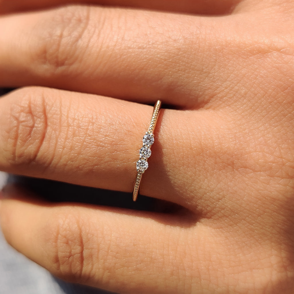 3 Stone Round Cut Diamond Milgrain Wedding Band