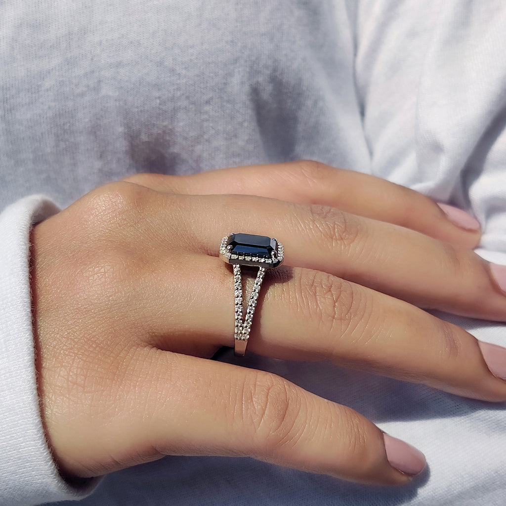 Halo Setting Black Gold Emerald Ring