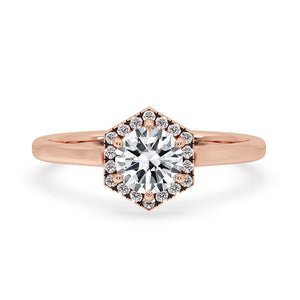 Hexagon Shape Halo Engagement Ring In Rose Gold