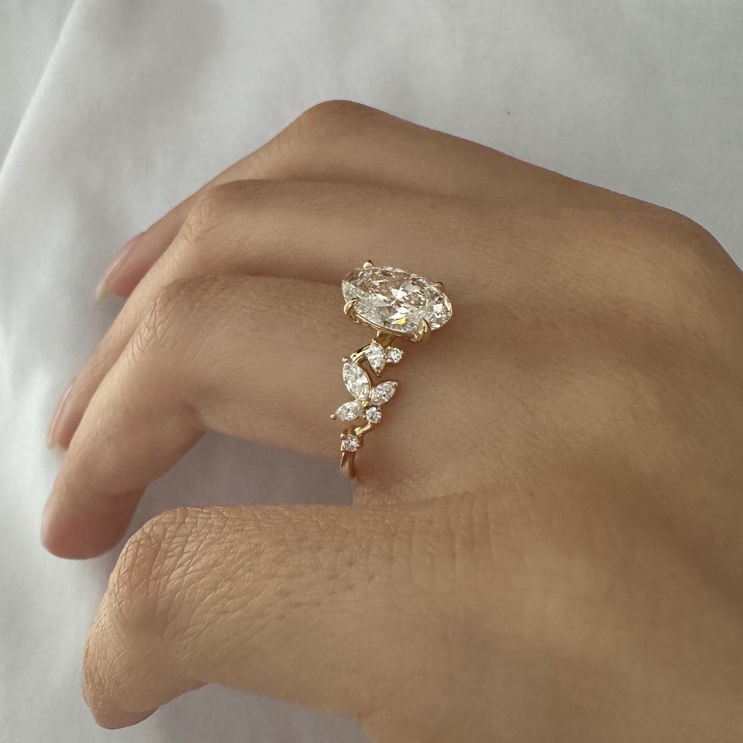 1.5 CT Oval Cut Moissanite Cluster Style Engagement Ring