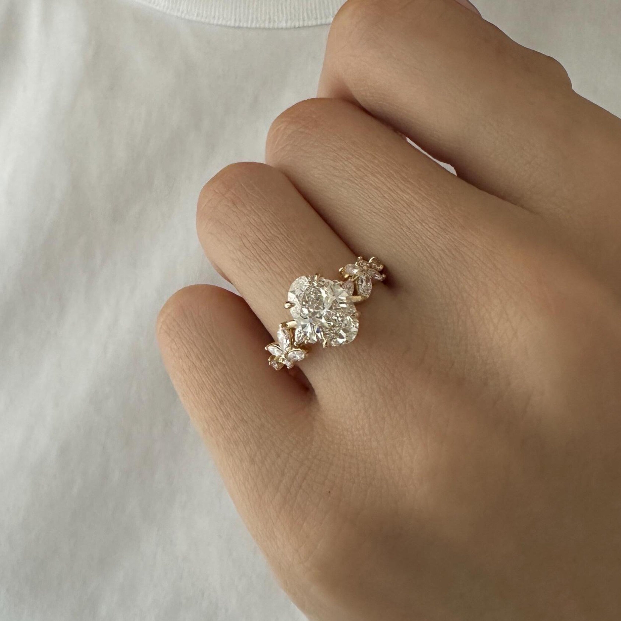1.5 CT Oval Cut Moissanite Cluster Style Engagement Ring
