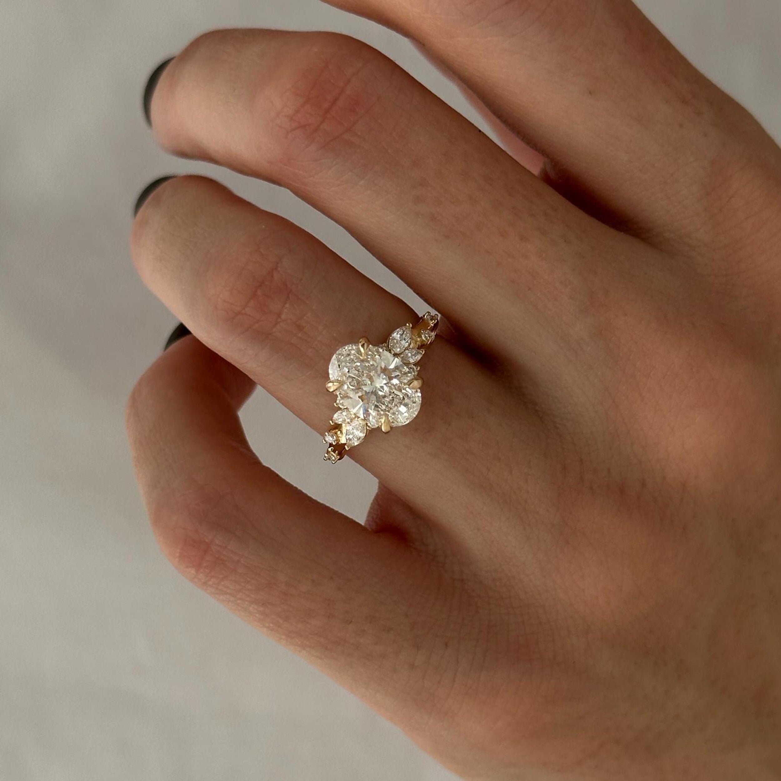2.0 CT Oval Cut Moissanite Cluster Style Engagement Ring