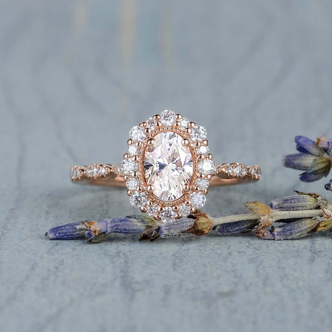 1.0 CT Oval Cut Halo Moissanite Diamond Engagement Ring Secondary image