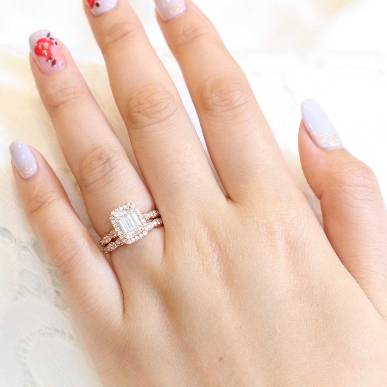 1.60CT Emerald Cut Moissanite Halo Bridal Ring Set