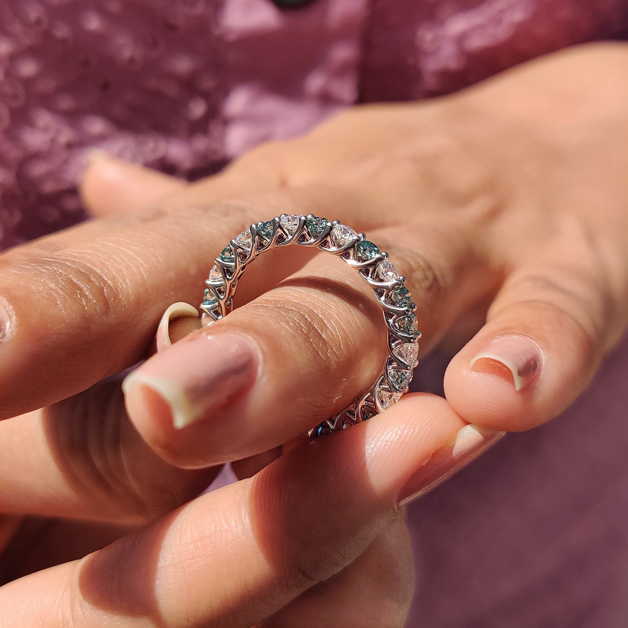 Round Cut Cyan Blue Full Eternity Wedding Band