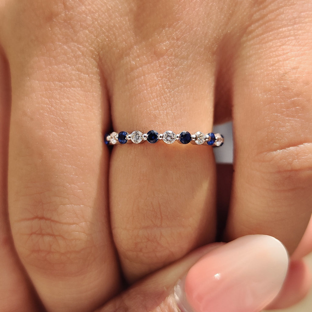Round Cut Blue Diamond and Blue Sapphire Eternity Band