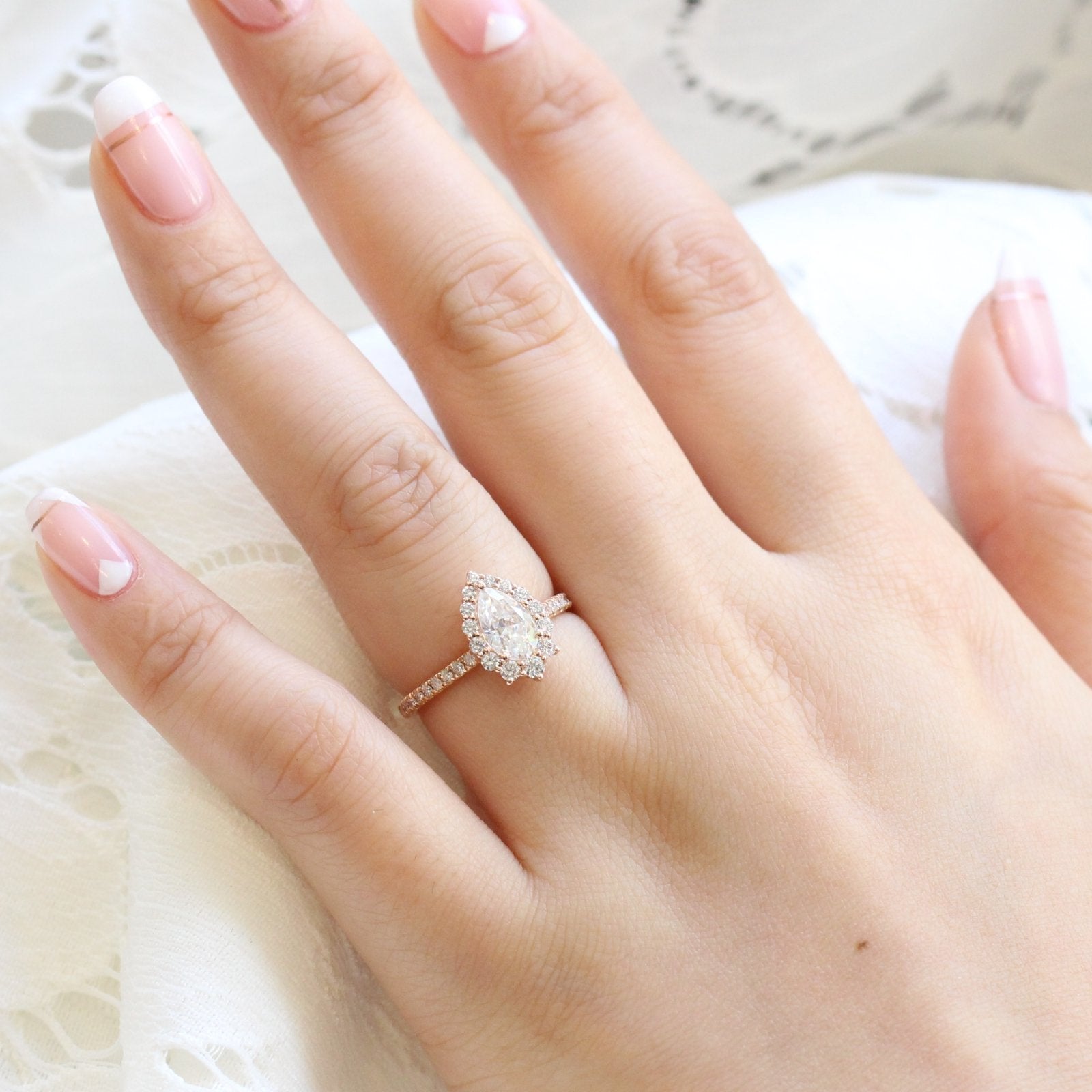 1.0 CT Pear Halo Style Pave Setting Moissanite Engagement Ring