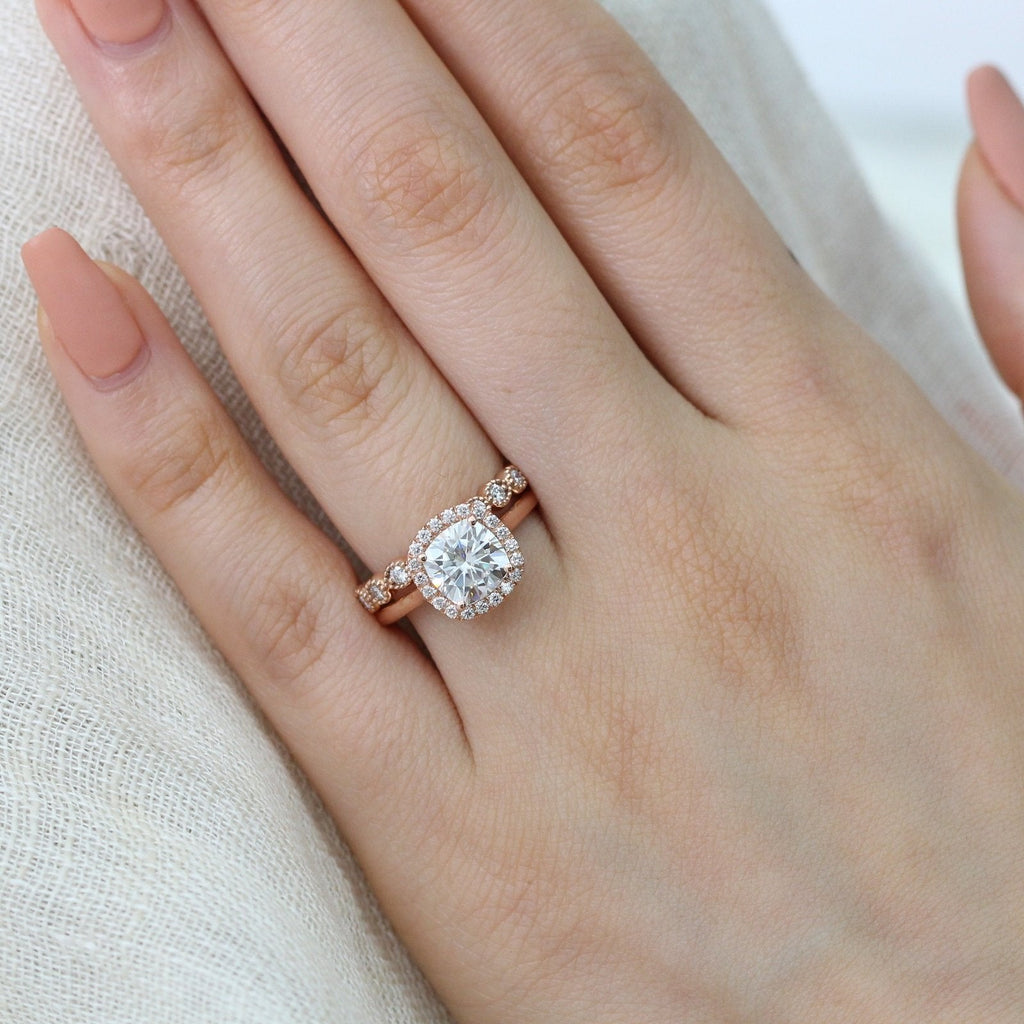 2.30CT Cushion Cut Moissanite Halo Bridal Ring Set