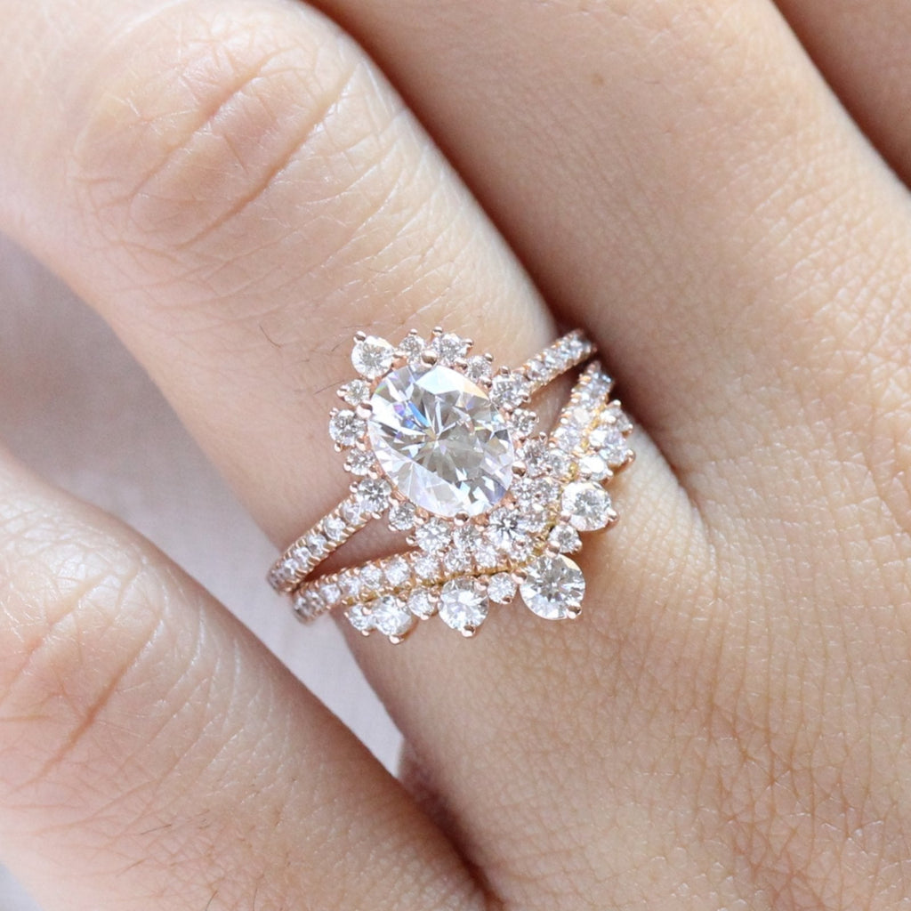 1.50CT Oval Cut Moissanite Halo Bridal Ring Set