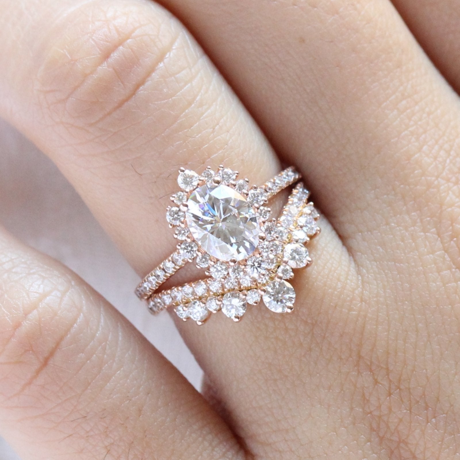 1.50CT Oval Cut Moissanite Halo Bridal Ring Set