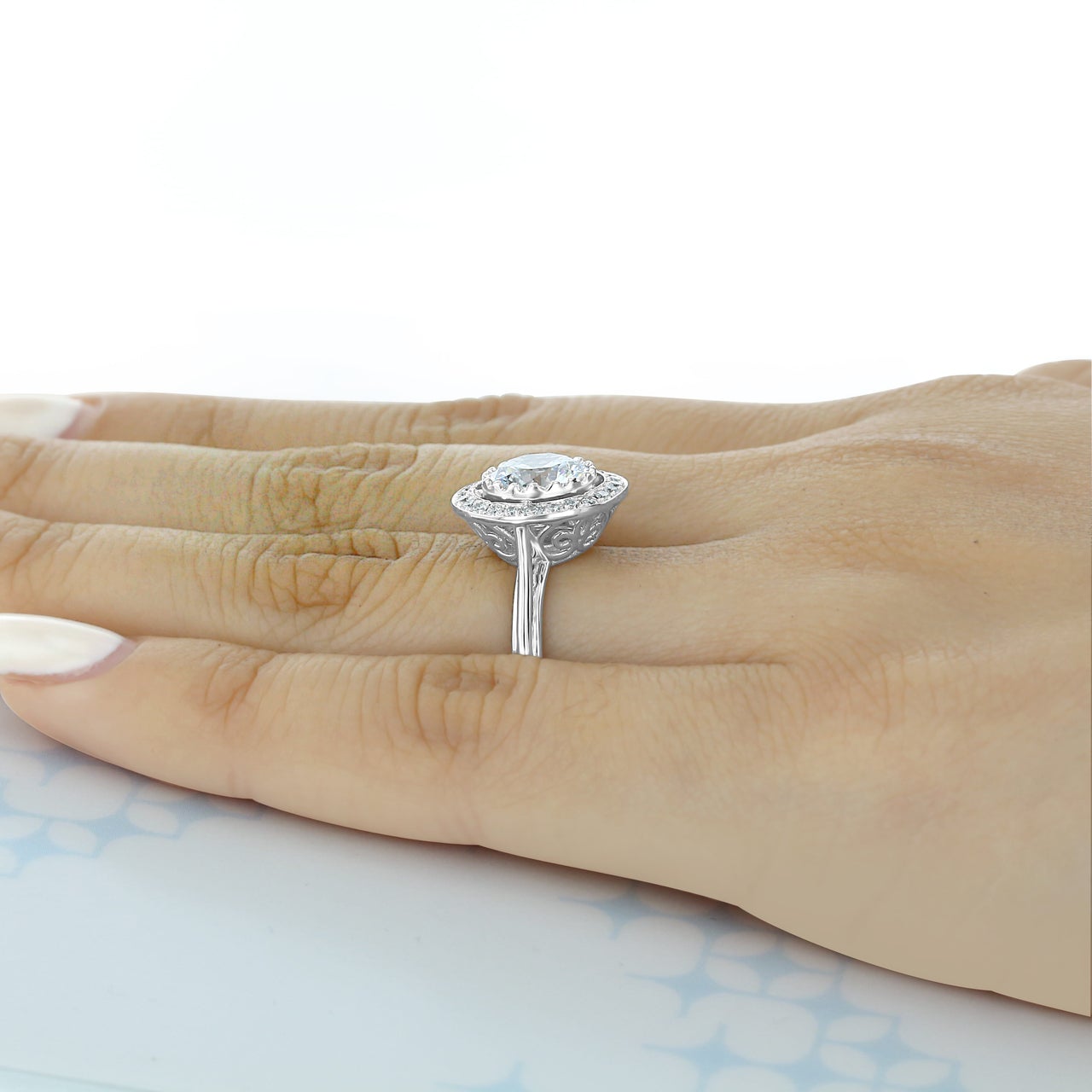2.0ct Round Cut Moissanite Unique Halo Engagement Ring