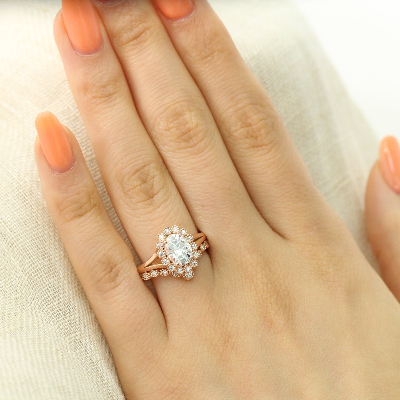1.50CT Oval Cut Moissanite Halo Bridal Ring Set