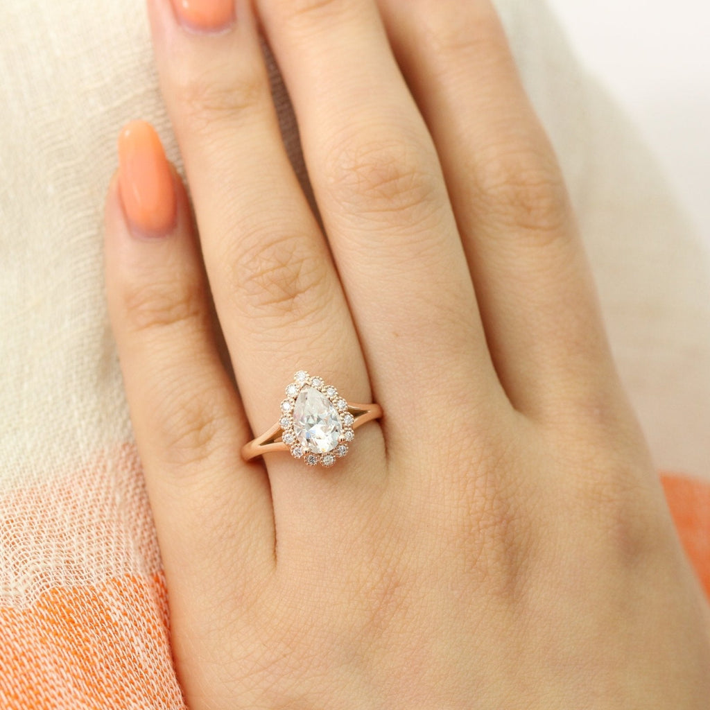 1.50 CT Pear Cut Moissanite Halo Split Shank Style Engagement Ring