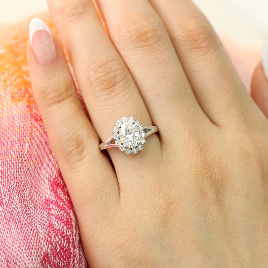 1.50 CT Oval Cut Moissanite Halo Split Shank Style Engagement Ring
