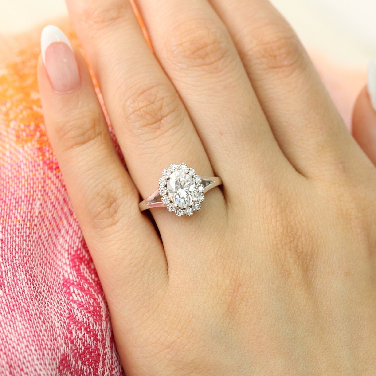 1.50 CT Oval Cut Moissanite Halo Split Shank Style Engagement Ring