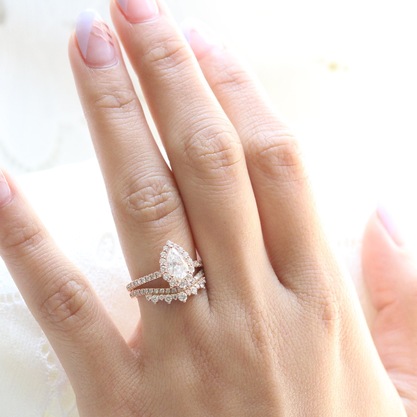 1.0CT Pear Cut Moissanite Halo Bridal Ring Set