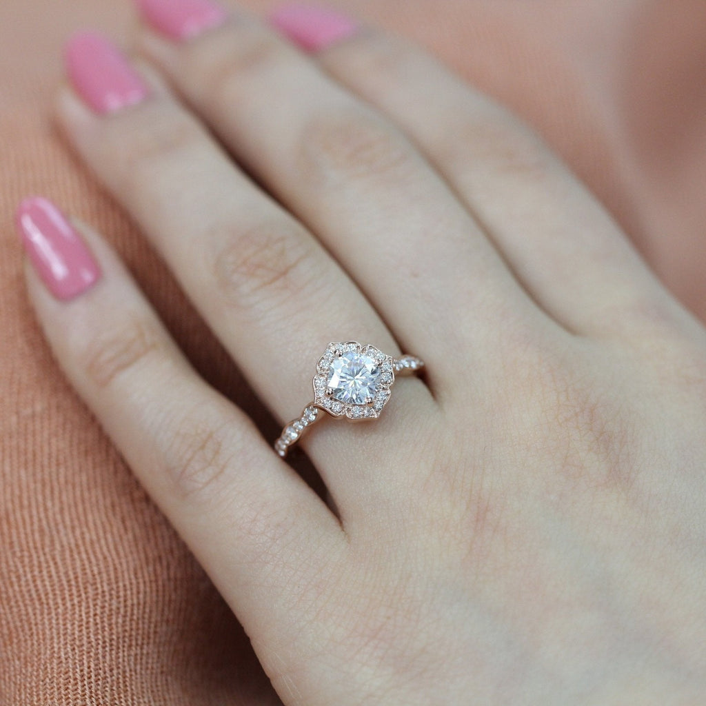 1.0 CT Cushion Cut Vintage Halo Style Moissanite Engagement Ring