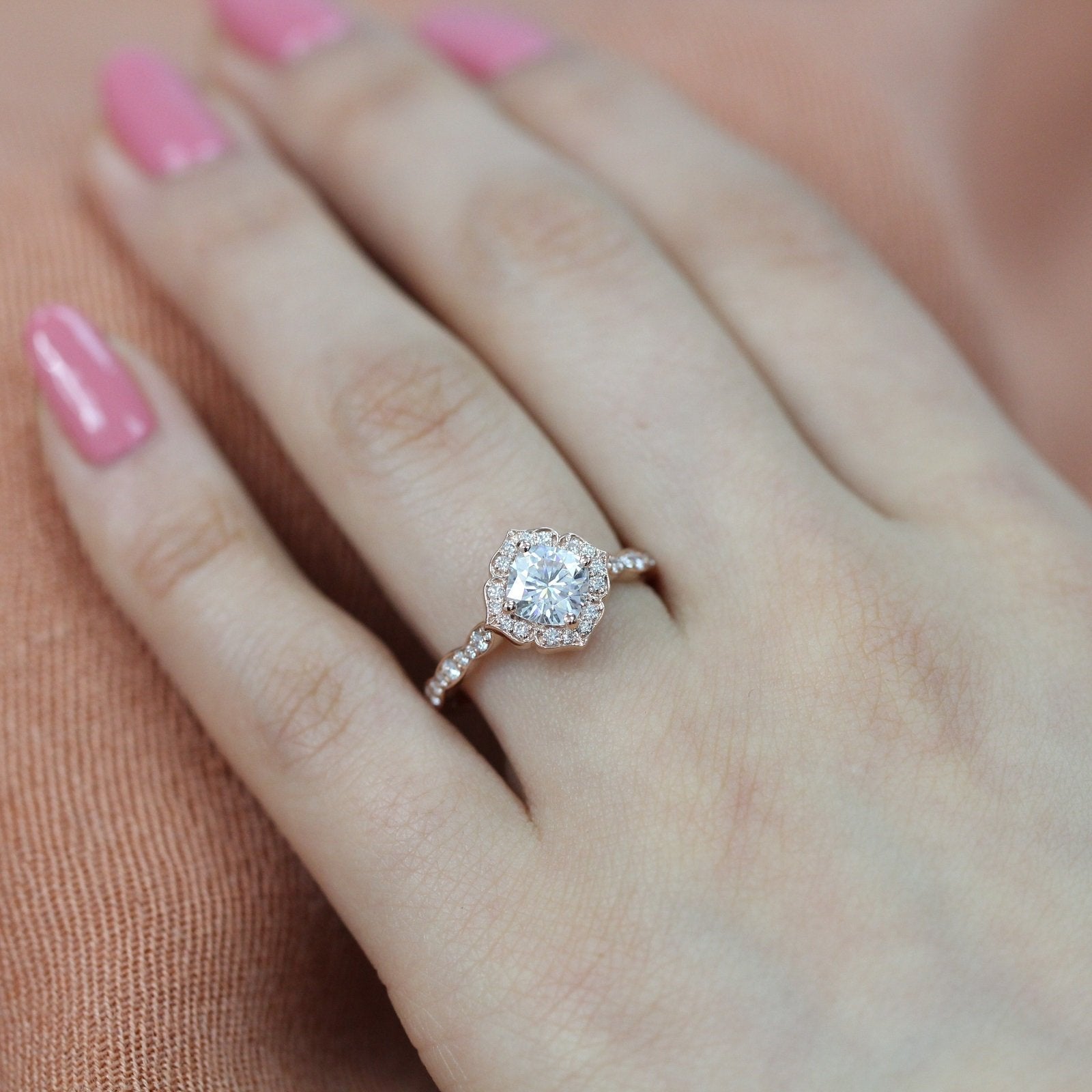 1.0 CT Cushion Cut Vintage Halo Style Moissanite Engagement Ring
