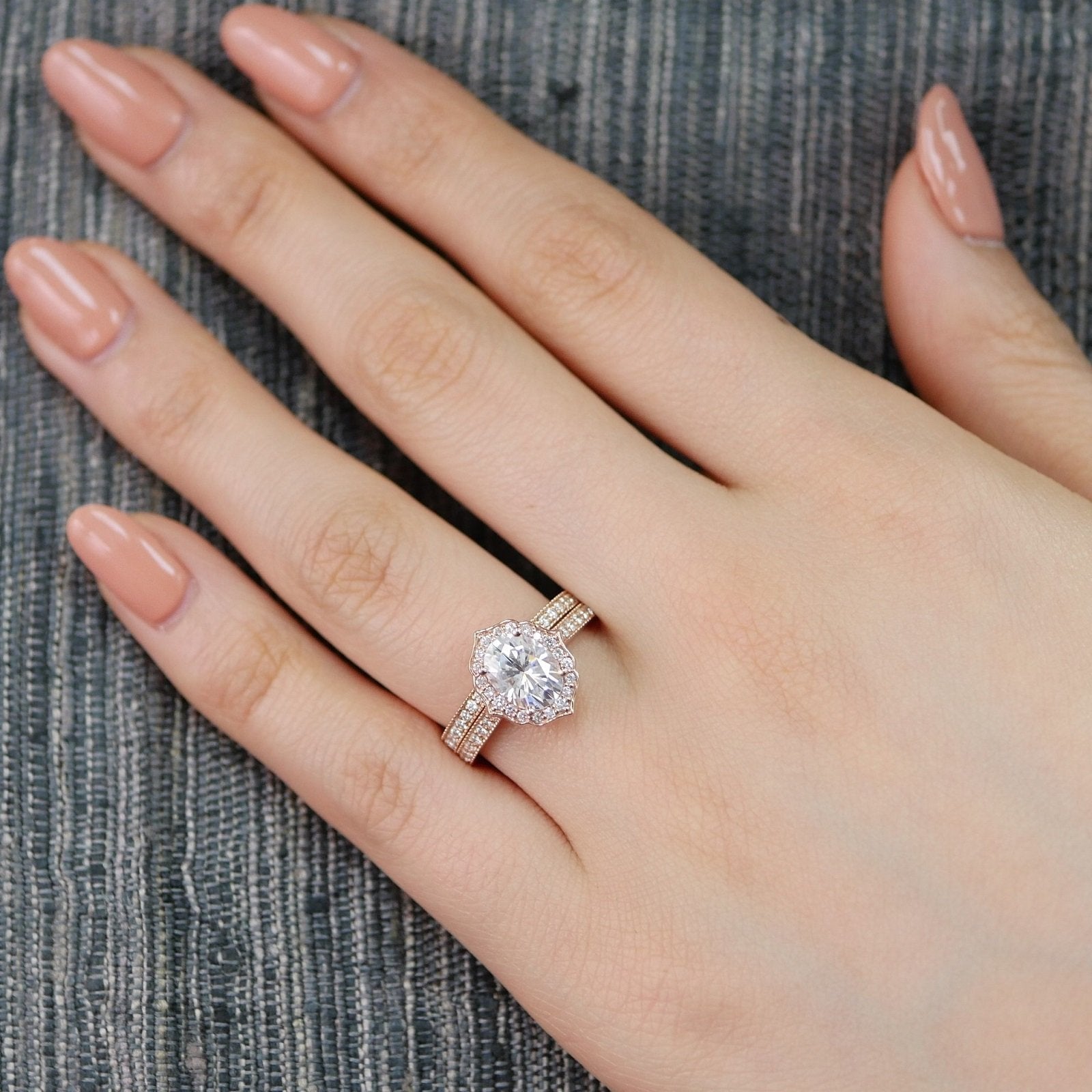 1.50CT Oval Cut Moissanite Halo Bridal Ring Set