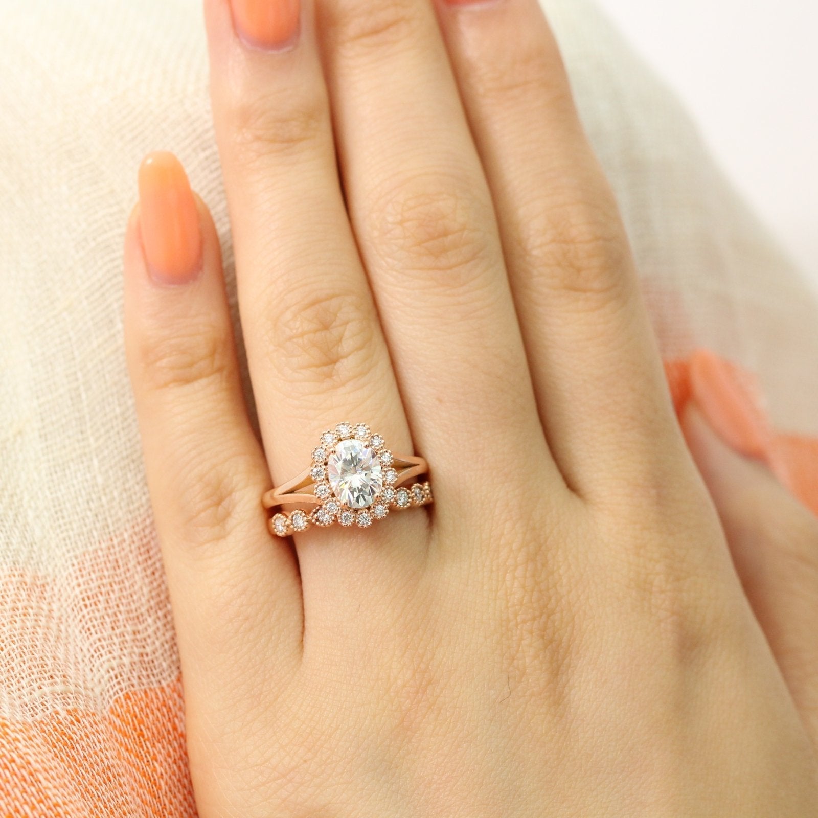 1.50CT Oval Cut Moissanite Halo Bridal Ring Set