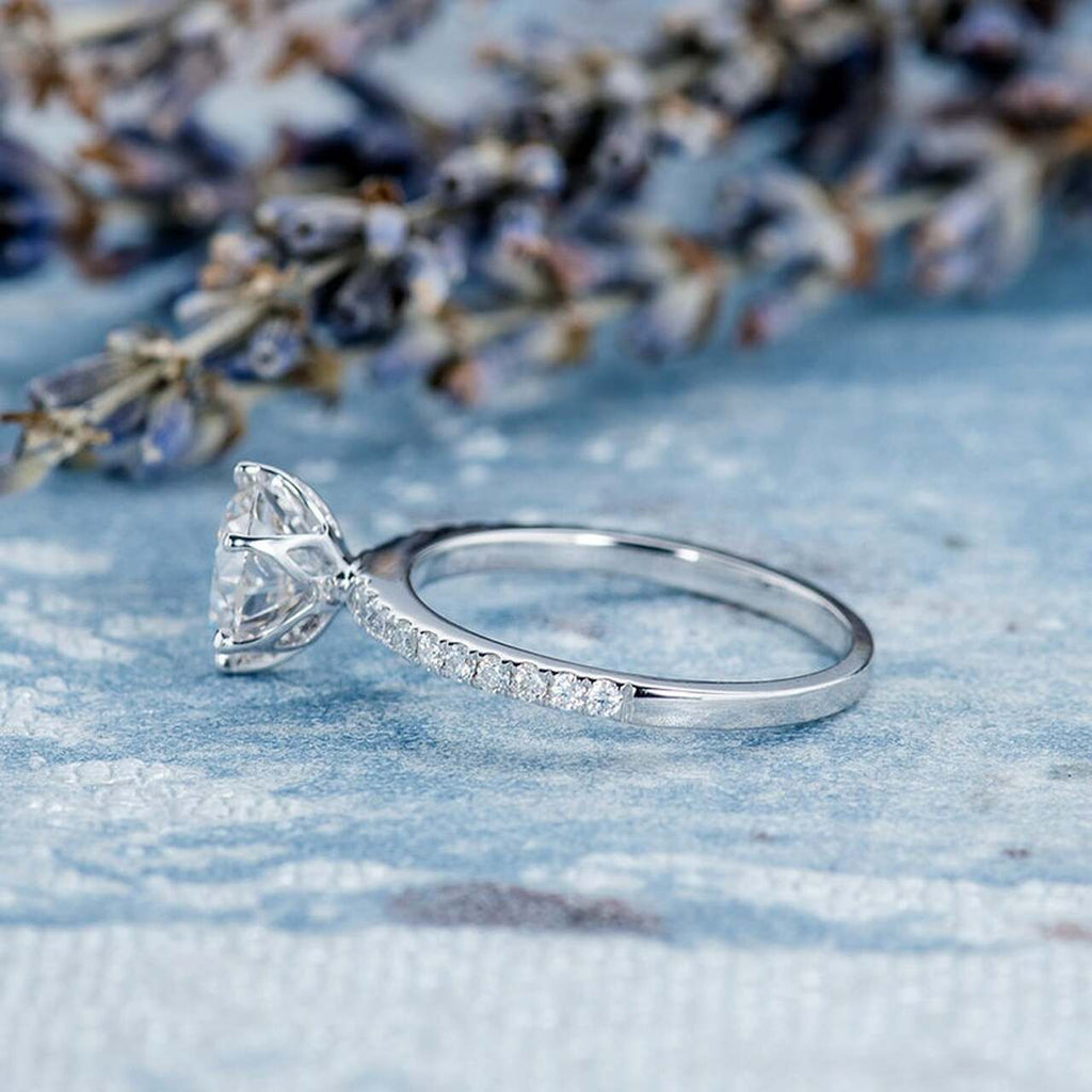 1.0 CT Round Brilliant Cut Pave Style Moissanite Engagement Ring