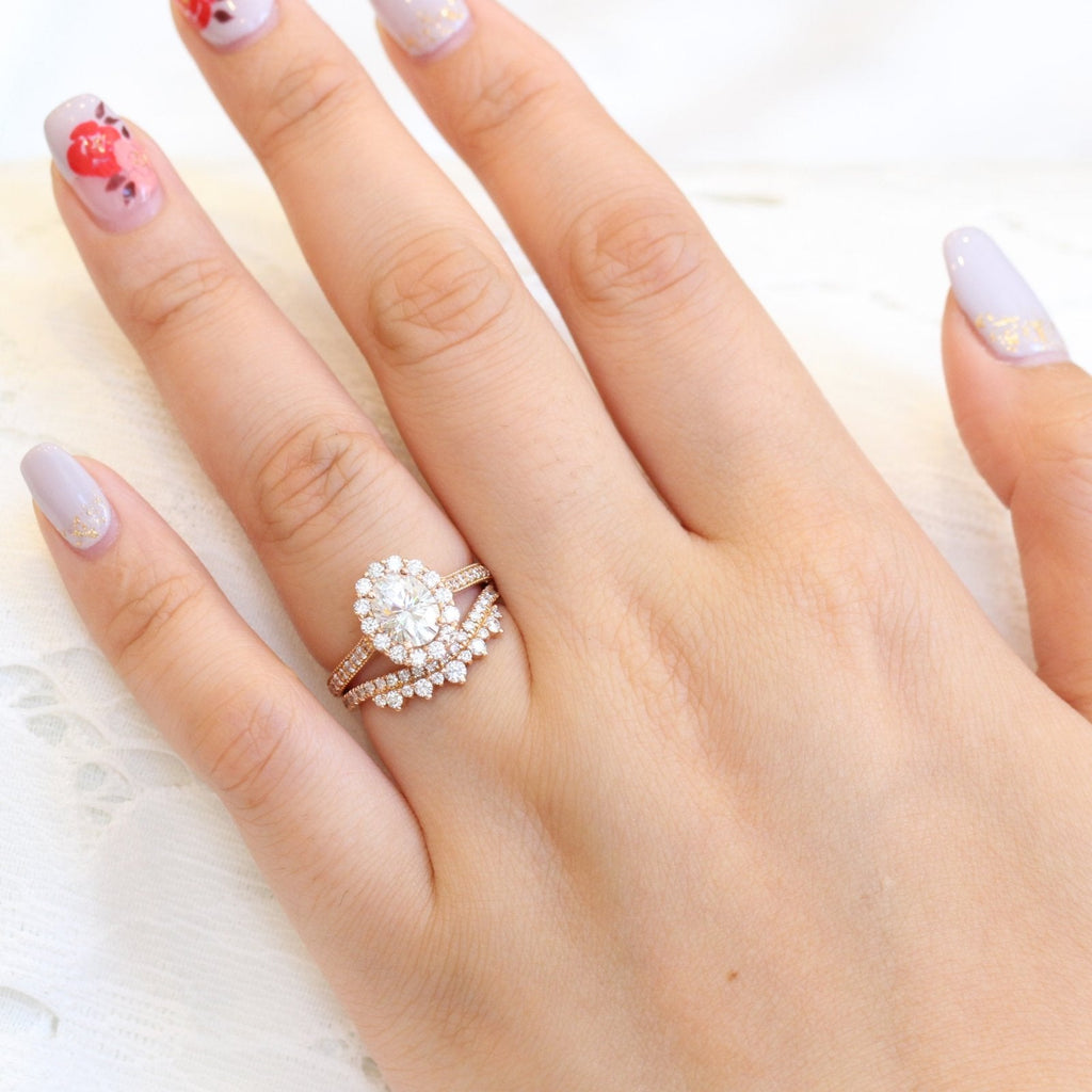 1.50CT Oval Cut Moissanite Halo Bridal Ring Set