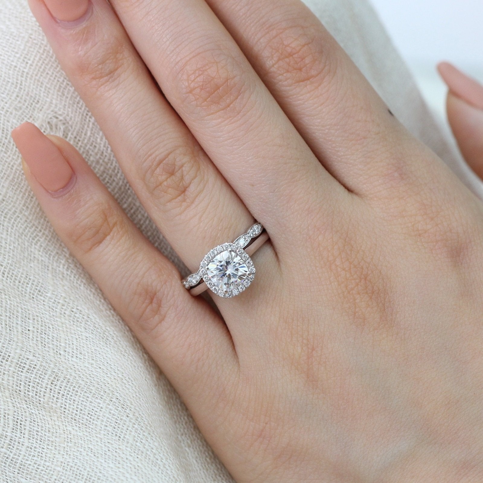 1.65CT Cushion Cut Moissanite Halo Bridal Ring Set